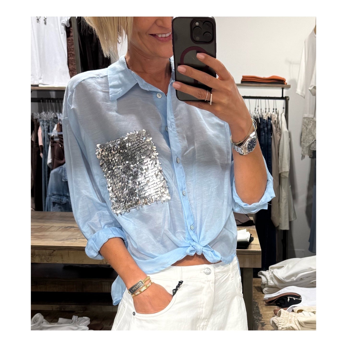 Camicia in mussola e seta paillettes - tensione in