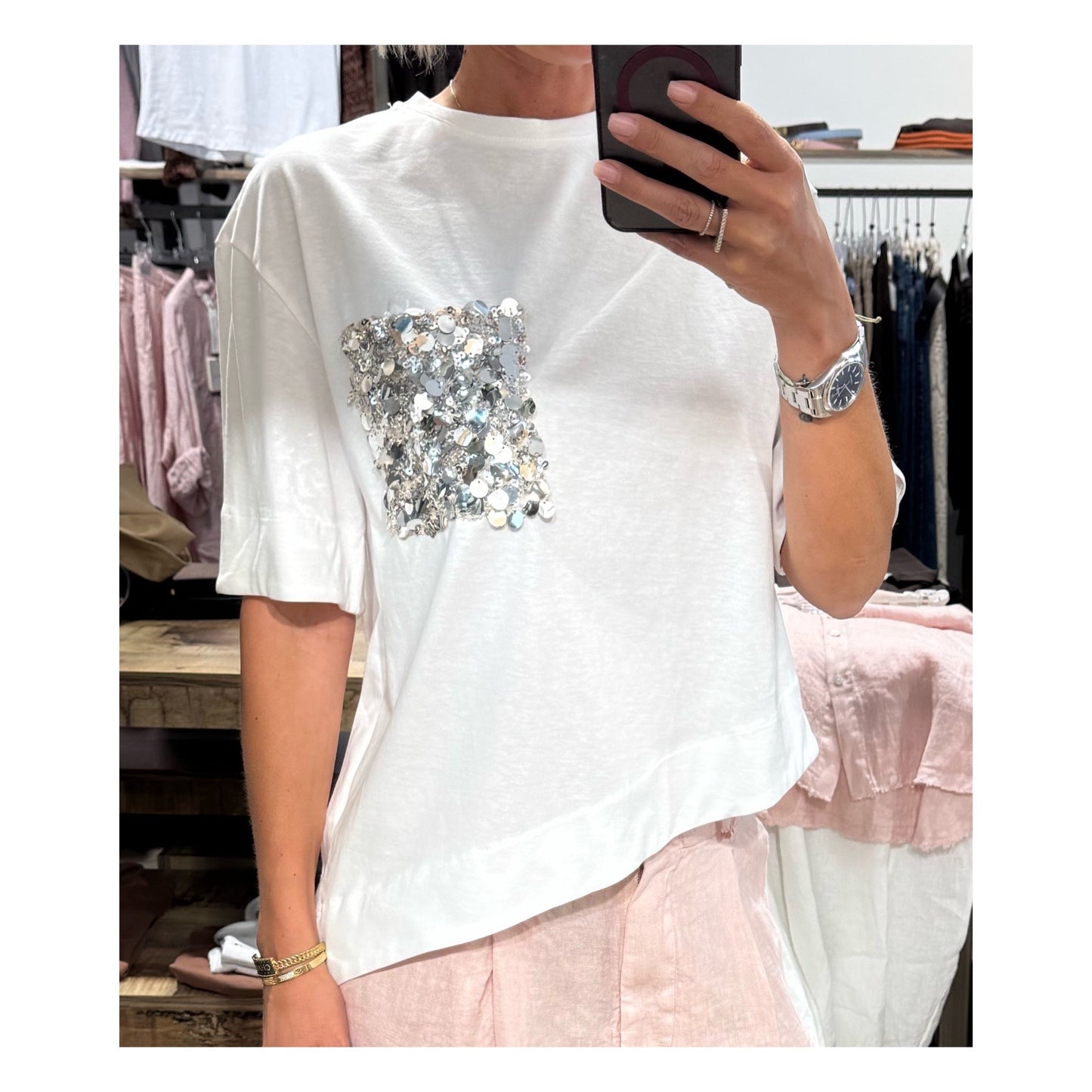 T-shirt asimmetrica tasca paillettes - Tensione In