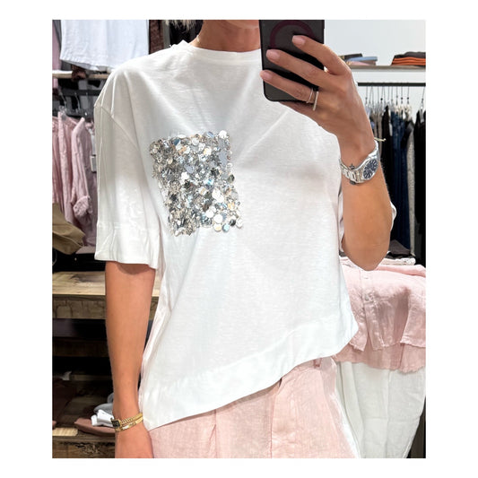 T-shirt asimmetrica tasca paillettes - Tensione In