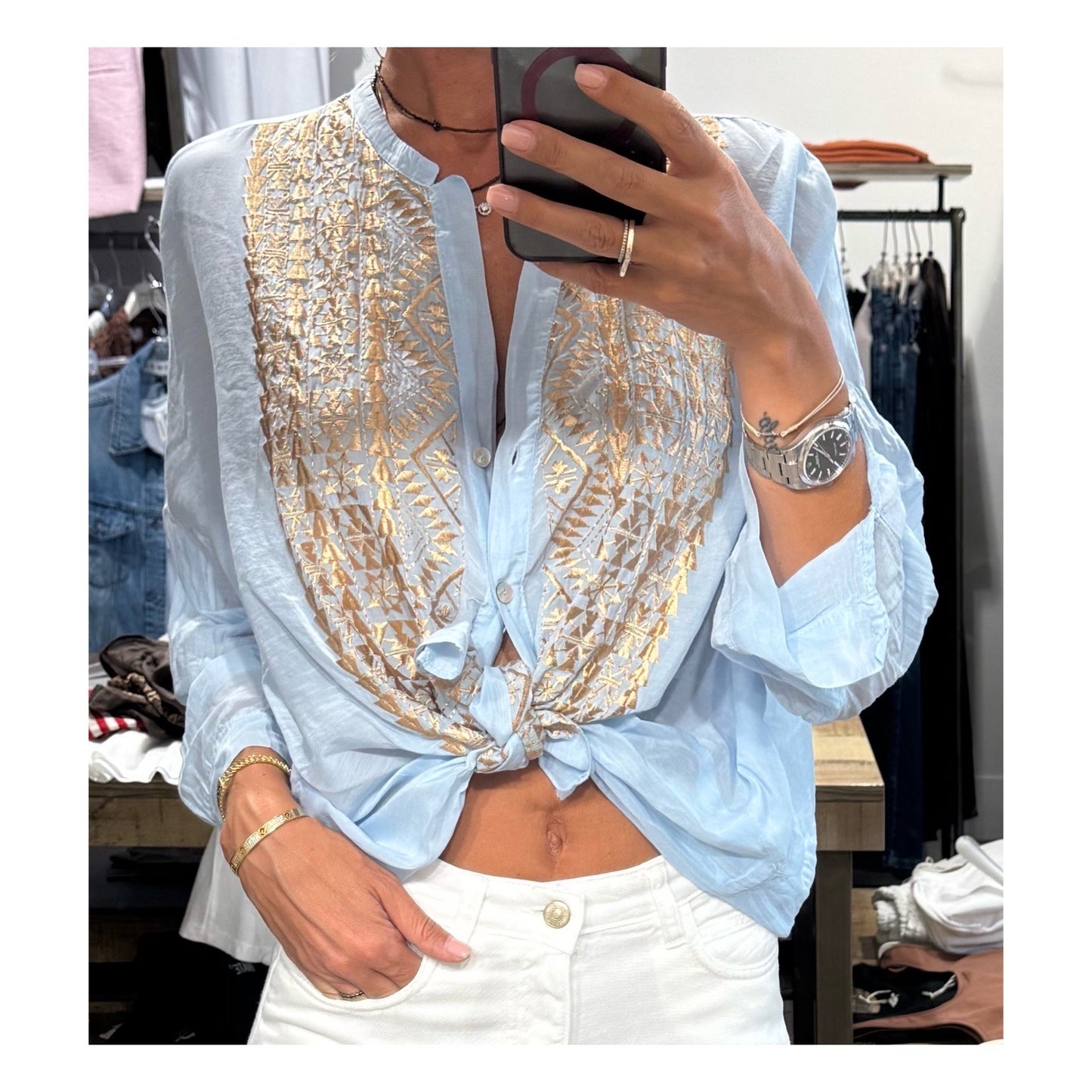 Camicia in mussola e seta ricamo - tensione in