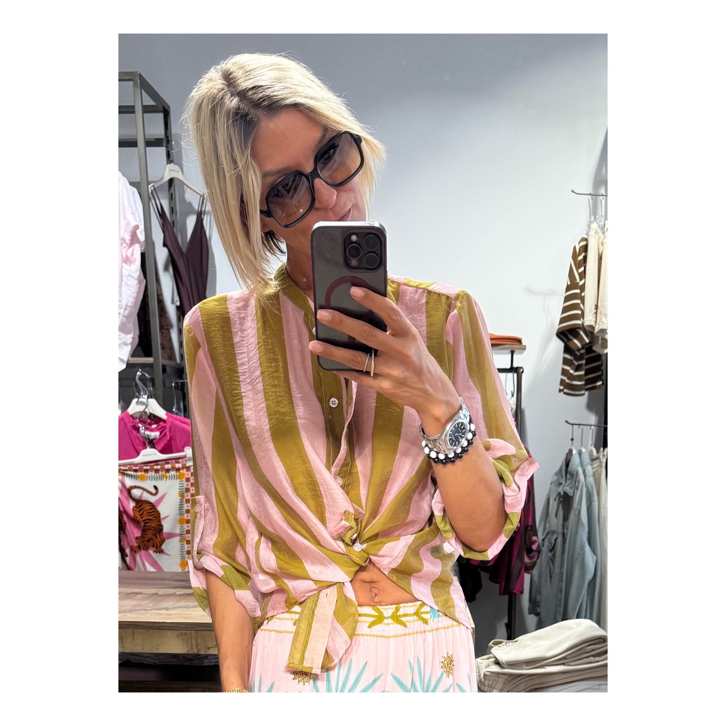 camicia riga rosa verde oliva -  Haveone